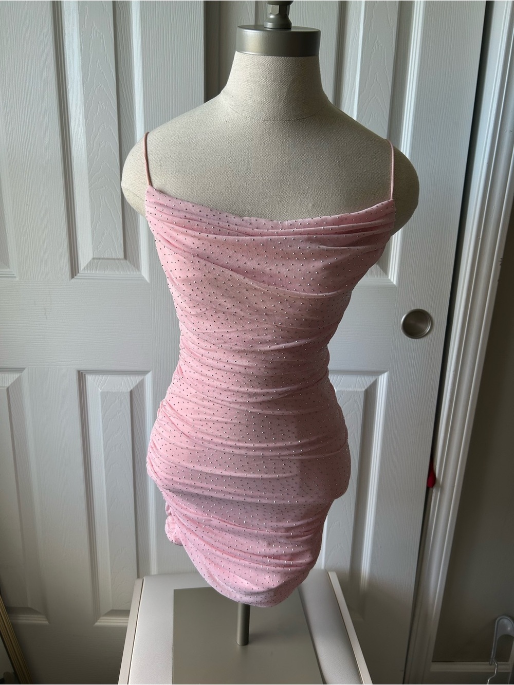 Windsor Pink Spaghetti Strap Ruched Mini Dress with Sparkle